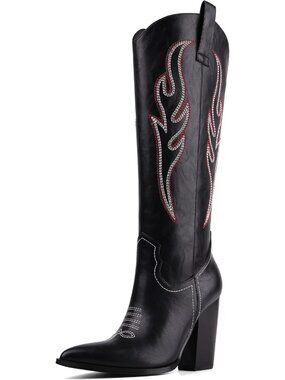 Women's Black Pu Cowgirl Boots Embroidered Rhinestone Cowboy Boots Wide Calf